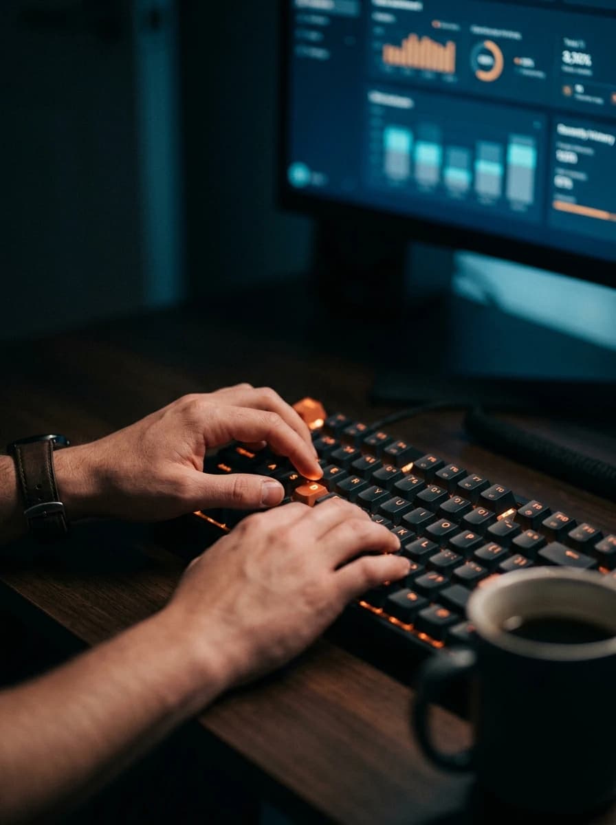 Mãos operando o agente de IA pelo teclado